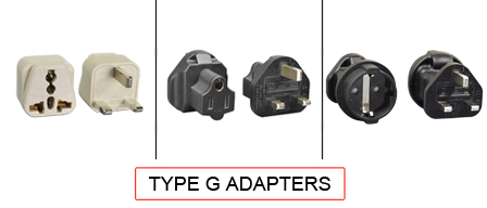 TYPE G adapters are used in the following Countries:
<br>
Primary Country known for using TYPE G adapters is the United Kingdom, Great Britain which comprises England, Scotland, Wales, Ireland, Northern Ireland.

<br>Additional Countries that use TYPE G adapters are 
Bahrain, Bhutan, Brunei, Burma, Cambodia, Cyprus, Dominica, England, Falkland Islands, Islas Malvinas, Gambia, Ghana, Gibraltar, Grenada, Hong Kong, Iraq, Kenya, Kuwait, Lebanon, Macau, Malawi, Malaysia, Maldives, Malta, Mauritius, Myanmar, Nigeria, Oman, Qatar, Saint Helena, Saint Kitts-Nevis, Saint Lucia, Saint Vincent, Saudi Arabia, Seychelles, Sierra Leone, Singapore, Tanzania, Uganda, United Arab Emirates, Yemen, Zambia, Zimbabwe

<br><font color="yellow">*</font> Additional Type G Electrical Devices:

<br><font color="yellow">*</font> <a href="https://internationalconfig.com/icc6.asp?item=TYPE-G-PLUGS" style="text-decoration: none">Type G Plugs</a> 

<br><font color="yellow">*</font> <a href="https://internationalconfig.com/icc6.asp?item=TYPE-G-CONNECTORS" style="text-decoration: none">Type G Connectors</a> 

<br><font color="yellow">*</font> <a href="https://internationalconfig.com/icc6.asp?item=TYPE-G-OUTLETS" style="text-decoration: none">Type G Outlets</a> 

<br><font color="yellow">*</font> <a href="https://internationalconfig.com/icc6.asp?item=TYPE-G-POWER-CORDS" style="text-decoration: none">Type G Power Cords</a>

<br><font color="yellow">*</font> <a href="https://internationalconfig.com/icc6.asp?item=TYPE-G-POWER-STRIPS" style="text-decoration: none">Type G Power Strips</a>

<br><font color="yellow">*</font> <a href="https://internationalconfig.com/worldwide-electrical-devices-selector-and-electrical-configuration-chart.asp" style="text-decoration: none">Worldwide Selector. View all Countries by TYPE.</a>

<br>View examples of TYPE G adapters below.
